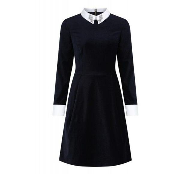 Ted Baker Small Velvet Black Dress Embellished Collar Wednesday Addams (Sz 1=4) - Picture 1 of 16